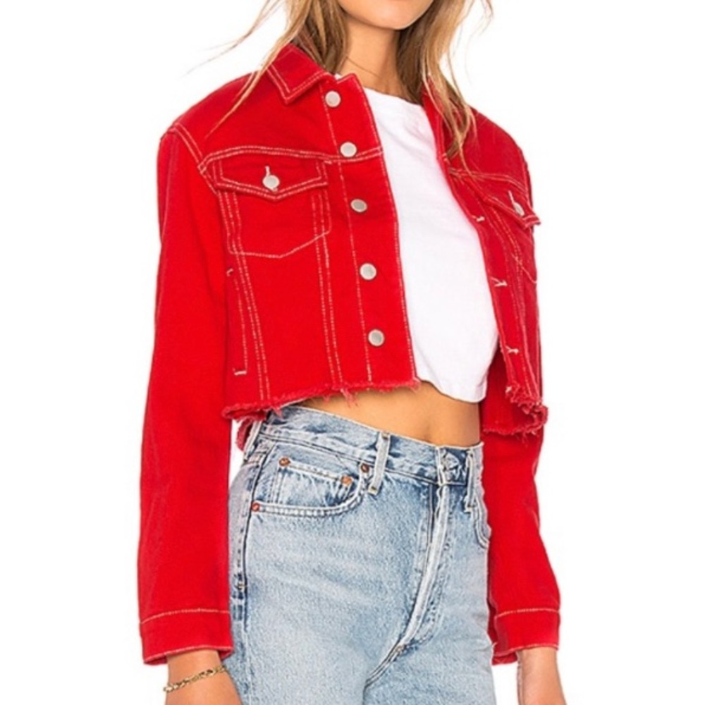 By The Way / Red Cropped Denim Jacket Size S
